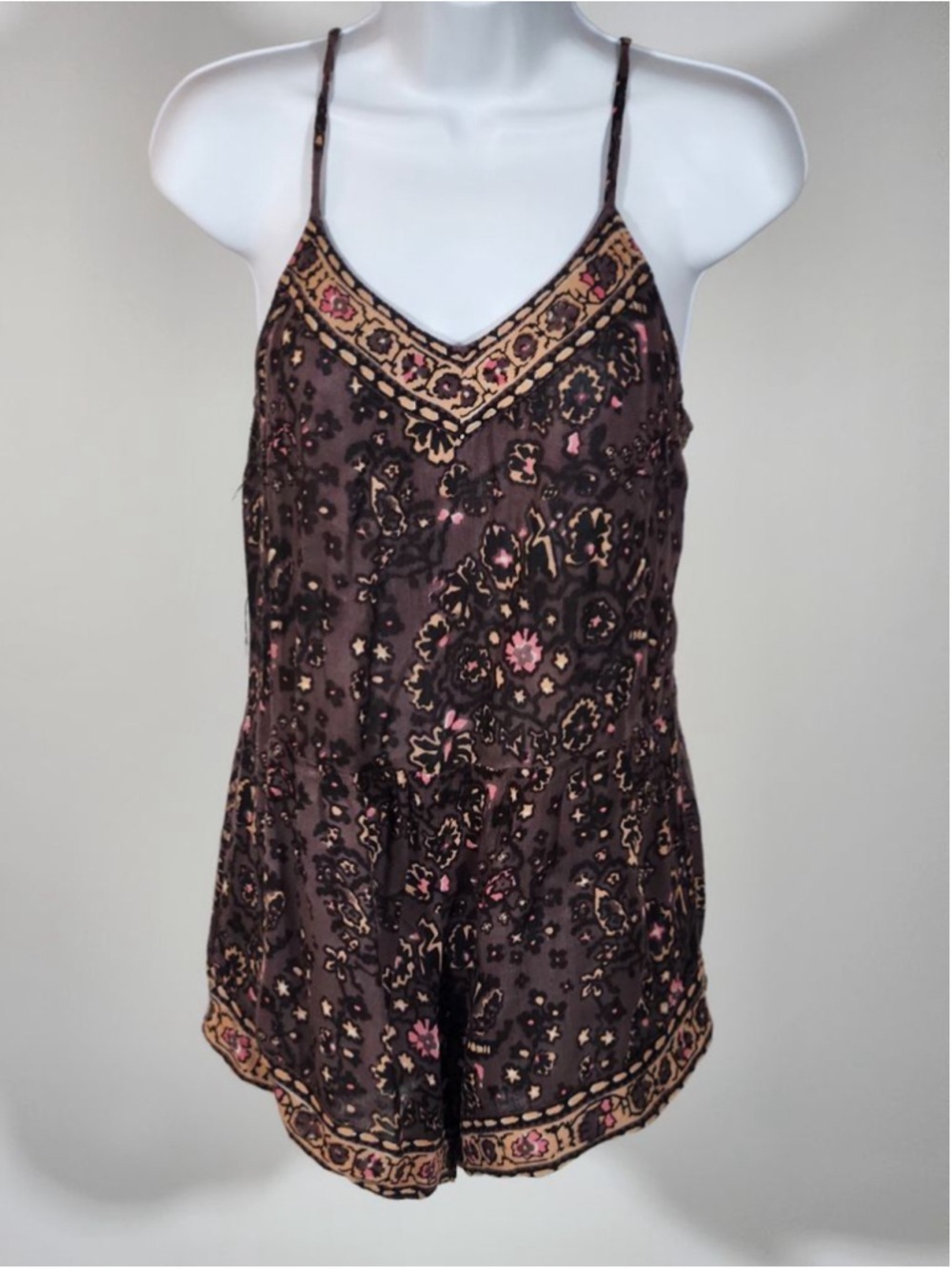 Amuse Society Boho Floral Romper Brown Pink Paisley V-Neck Spaghetti Strap Small